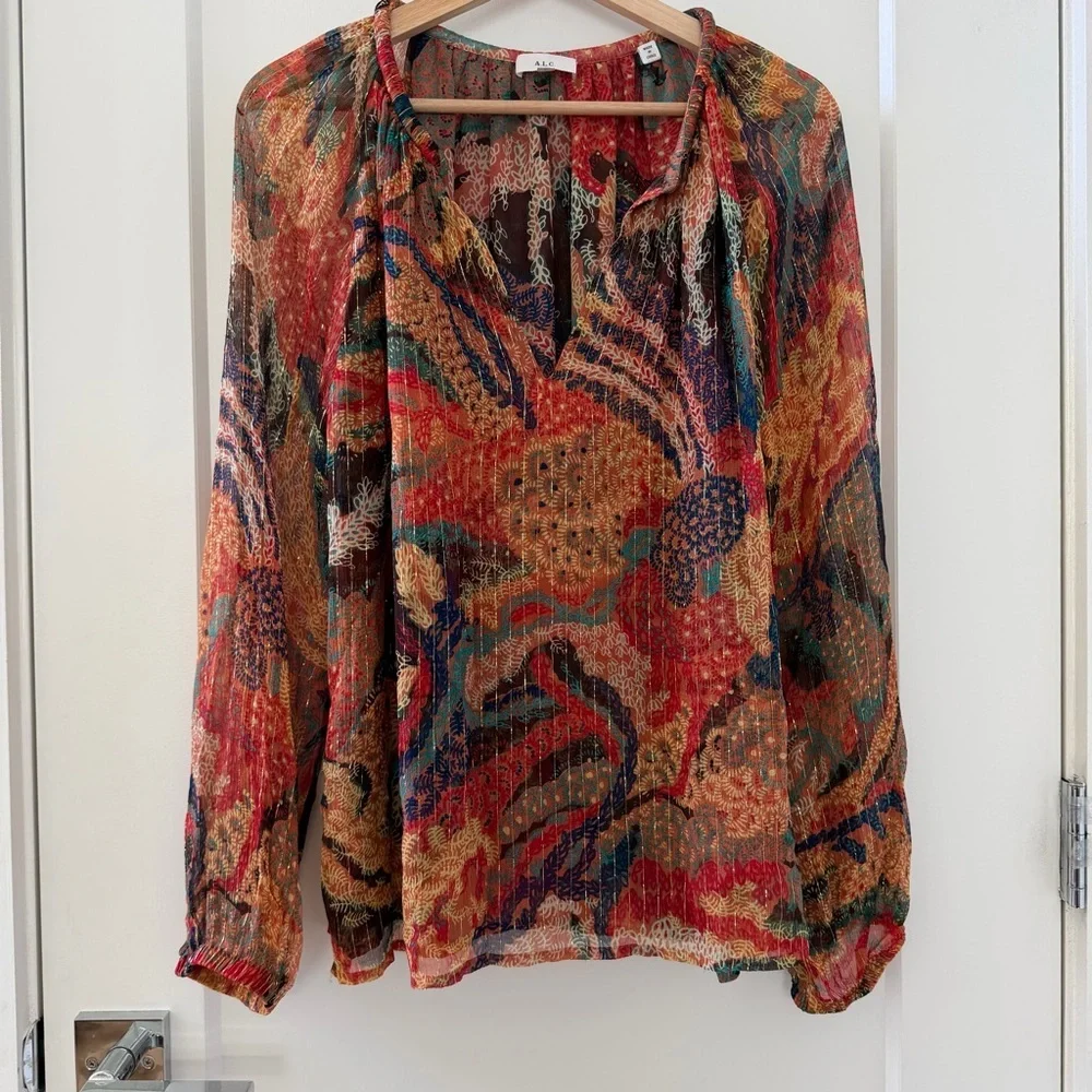 A.L.C. Top Women’s Multicolor Print Blouse Long Sleeve V-Neck $395 Size 6 - Picture 4 of 9